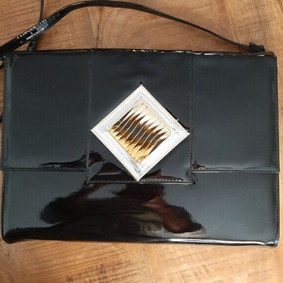 Extra Large Clutch with strap, Black patent leather bag, computer carry case - Picture 2 of 8